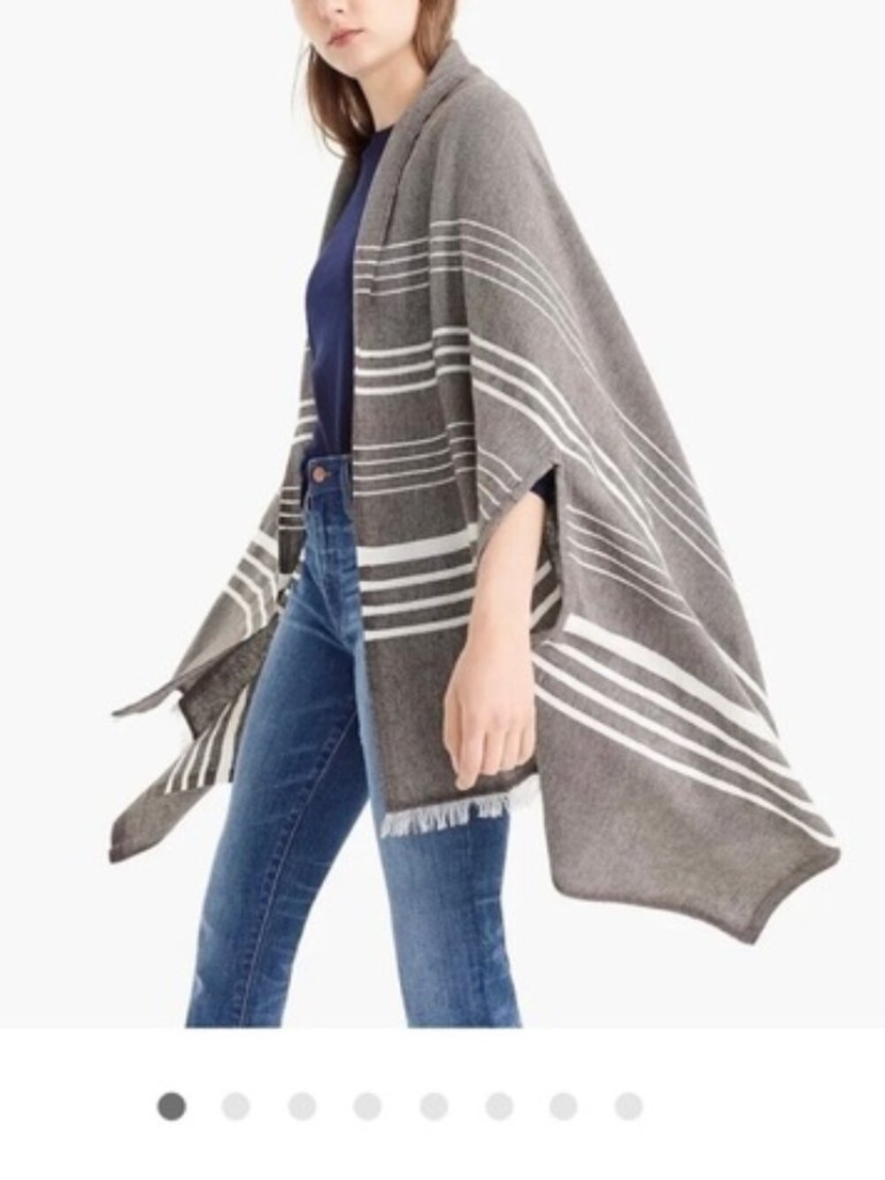 J Crew Striped Cape Scarf Wrap Shawl Poncho Raw Fringe Edge One Size Gray/White